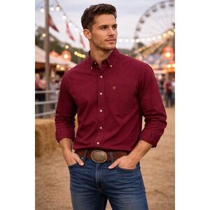 Ariat Shirt Mens Small Burgundy Button Down Long Sleeve Western Cowboy Logo